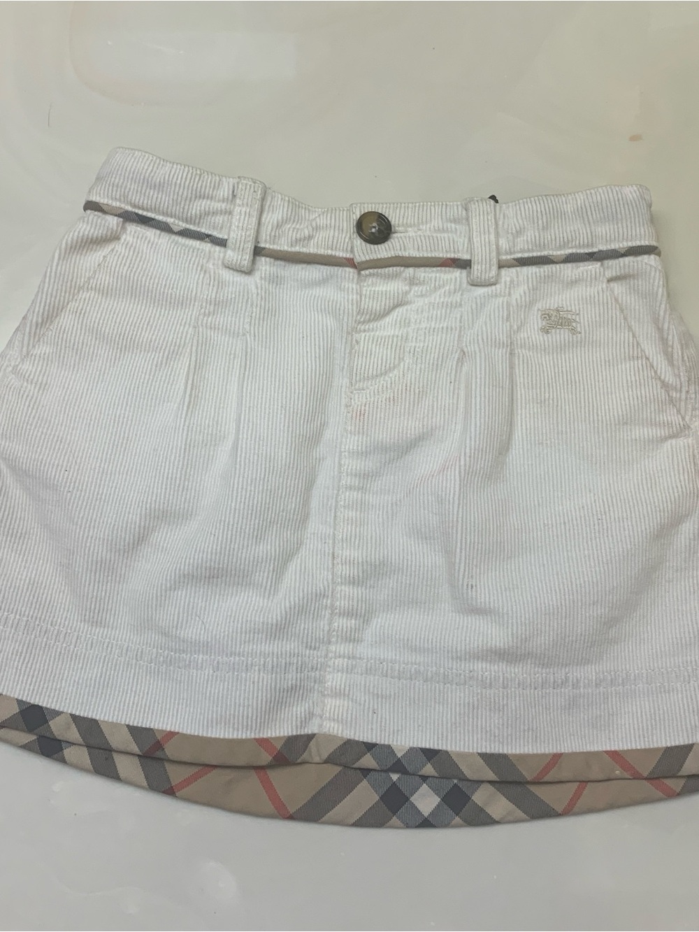 Burberry White Corduroy Mini Skirt with Signature Check Trim